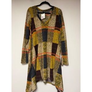 Emma Rose Patchwork Plaid Long Sleeve Asymmetrical Hem Tunic Top XL